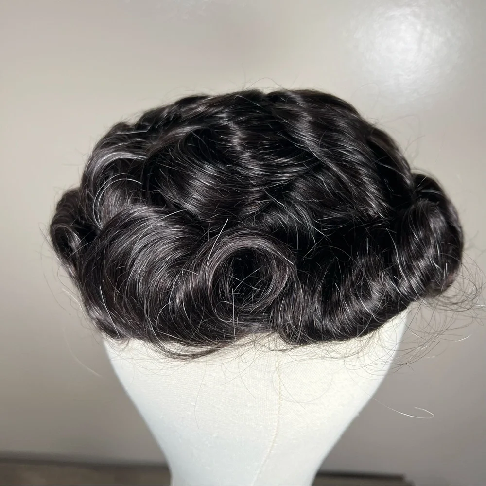 Dark Brown with Gray Human Hair Wavy 8x10 Inch Toupee Hair System